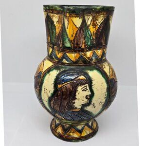 Ceramic Pottery Pitcher, Yellow, Blue, Green, Brown